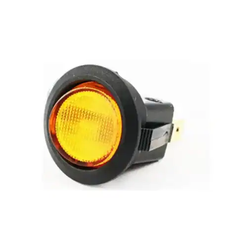 Interruttore pilota rotondo illuminato ambra 20 mm 3 faston 0103 3 Interruttore pilota rotondo illuminato di colore ambra, 20 mm, 3 attacchi Faston 0103